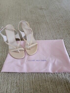 Stuart Weitzman Beige Patent Heeled Slingback Strappy Sandals, Size 7.5